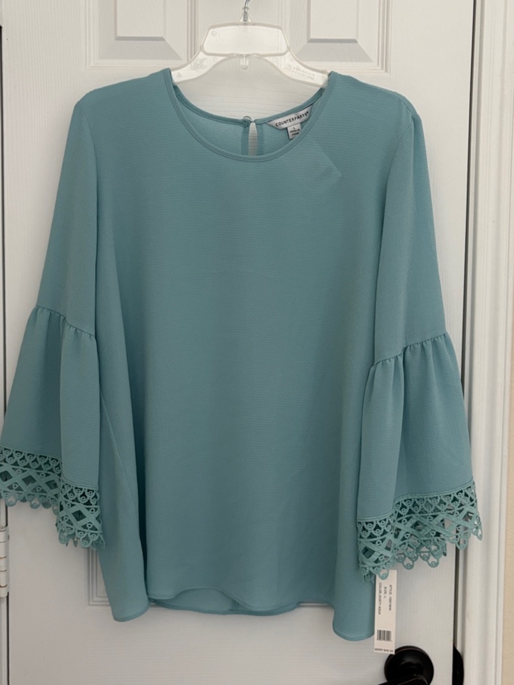 Counterparts Teal Bell-Sleeve Crochet Trim Blouse